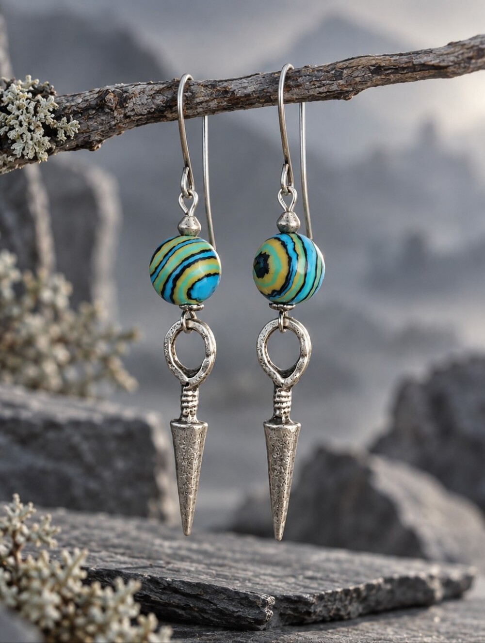 Rainbow Calsilica Earrings Antiqued Silver Spike Hand Crafted
